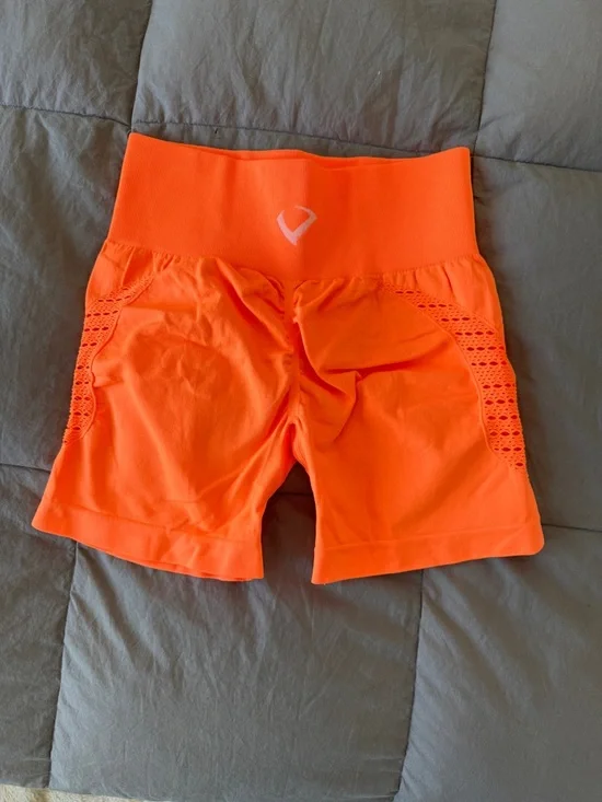 Violate The Dress Code High-Rise Neon Orange Women’s Active Bike Shorts - Picture 3 of 4